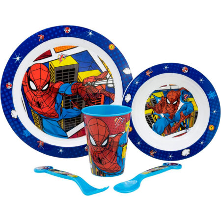 Set de comida infantil de Spiderman – Plato, vaso, cuenco y cubiertos (5 piezas)