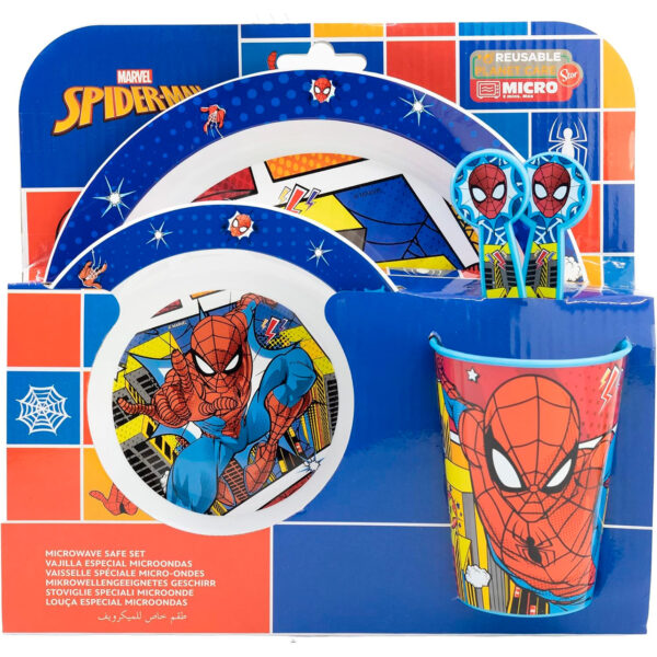 Set de comida infantil de Spiderman – Plato, vaso, cuenco y cubiertos (5 piezas) - Imagen 2